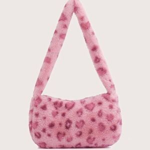 Fluffy Pink Leopard Print Baguette Shoulder Bag